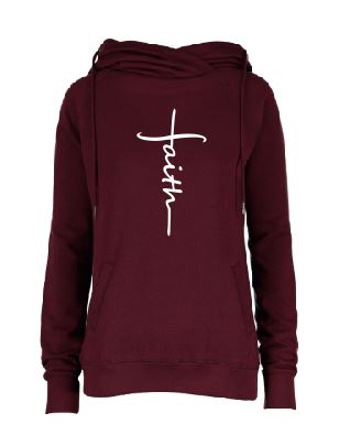 Ladies Burgundy Funnel Neck Pullover with Faith design